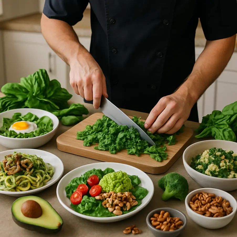 A chef preparing fresh vegetarian keto meals in a kitchen setting.