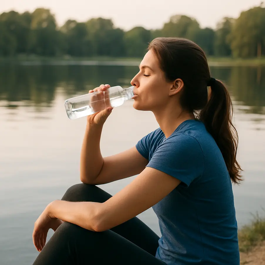 Person enjoying hydration near a calm lake, symbolizing relaxation and health.