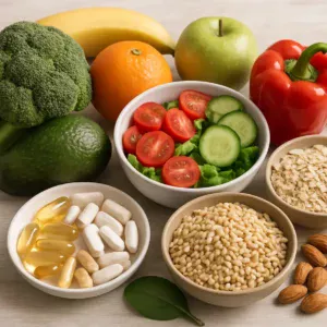 A collage showcasing fresh produce, grains, and supplements for wellness.