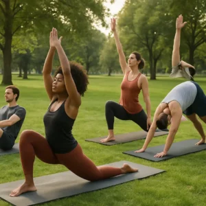 A group of people practicing yoga poses for flexibility and strength.