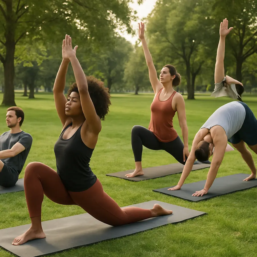 A group of people practicing yoga poses for flexibility and strength.