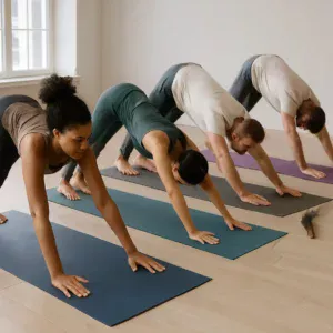 A group of yoga practitioners using various top-rated yoga mats in a studio setting.