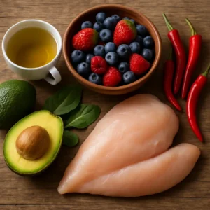 A collection of foods including avocados, chicken breast, chili peppers, green tea, and berries for effective belly fat reduction.