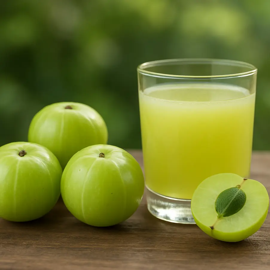Amla fruits and juice with a natural background. Amla Digestive Health