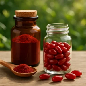 A variety of Haematococcus supplements on a table with a backdrop of green foliage signifying health.