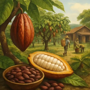 Illustration of cacao beans, a tree, and a farm, showing cacao’s natural journey. Theobroma Cacao Energy