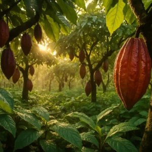 Cacao trees at a plantation with sunlight filtering through, showcasing ripe cacao pods. Theobroma Cacao Flavonoids