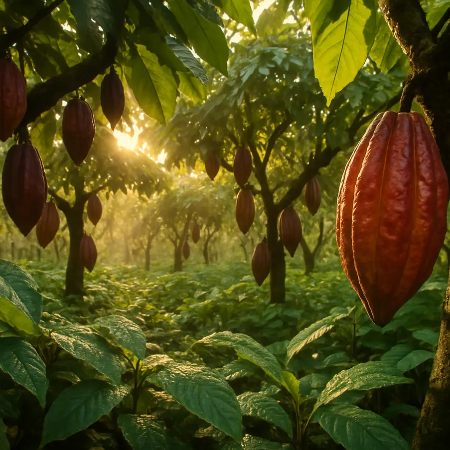 Cacao trees at a plantation with sunlight filtering through, showcasing ripe cacao pods. Theobroma Cacao Flavonoids