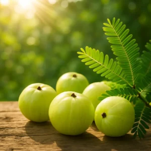 Close-up of sunlit Amla fruits nestled among green leaves, reflecting their vitality.