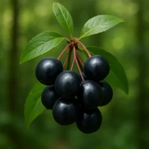 Cluster of ripe maqui berries with a blurred green forest in the background. Maqui Berry Heart Superfood