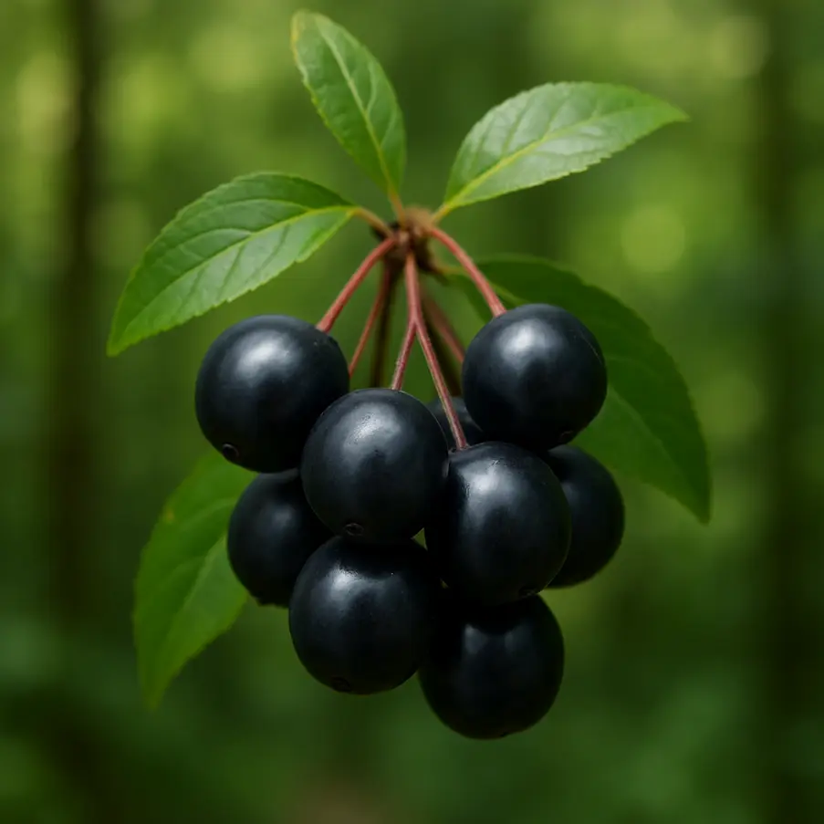 Cluster of ripe maqui berries with a blurred green forest in the background. Maqui Berry Heart Superfood