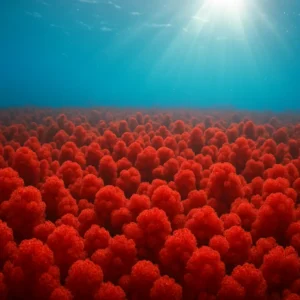Field of Haematococcus pluvialis submerged in water, with a striking red hue. Haematococcus Powerful Antioxidant