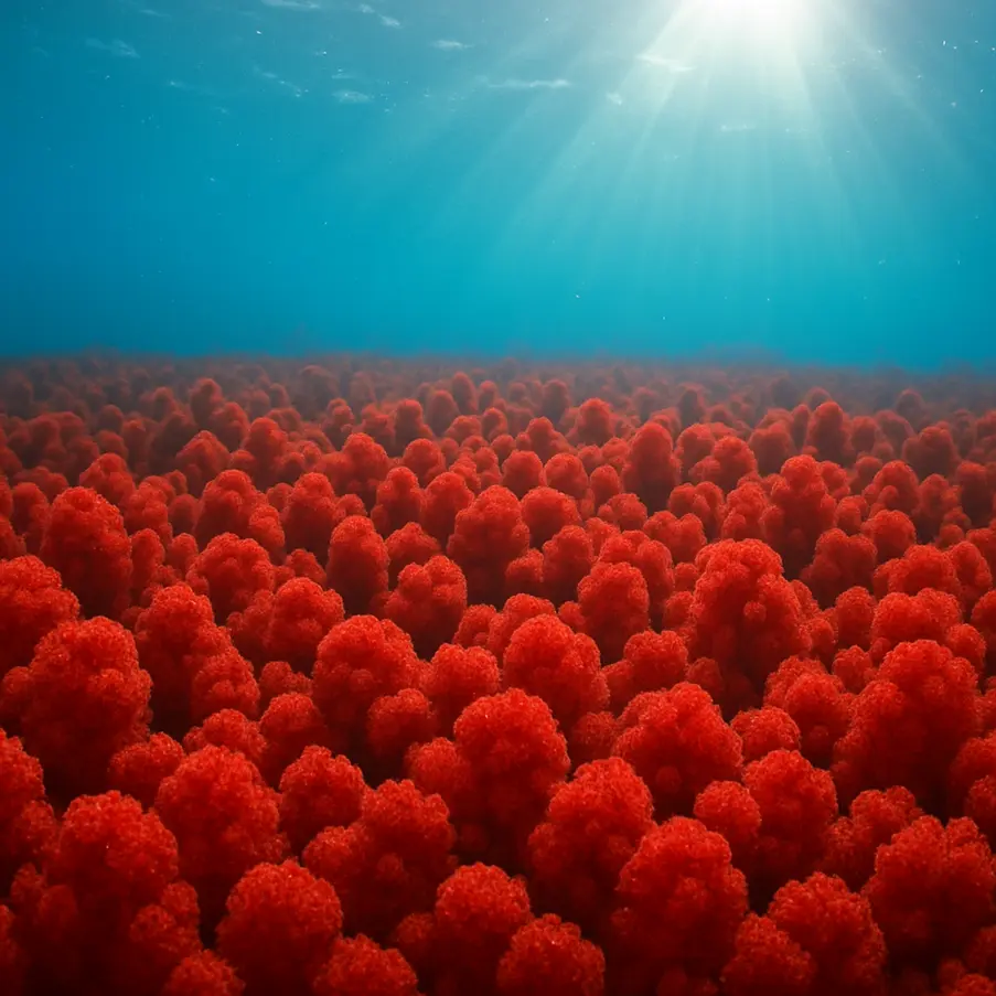 Field of Haematococcus pluvialis submerged in water, with a striking red hue. Haematococcus Powerful Antioxidant