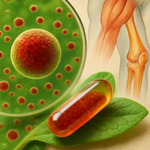 Collage showing Haematococcus in nature and as a supplement, highlighting joint and muscle health benefits. Haematococcus Joint Health