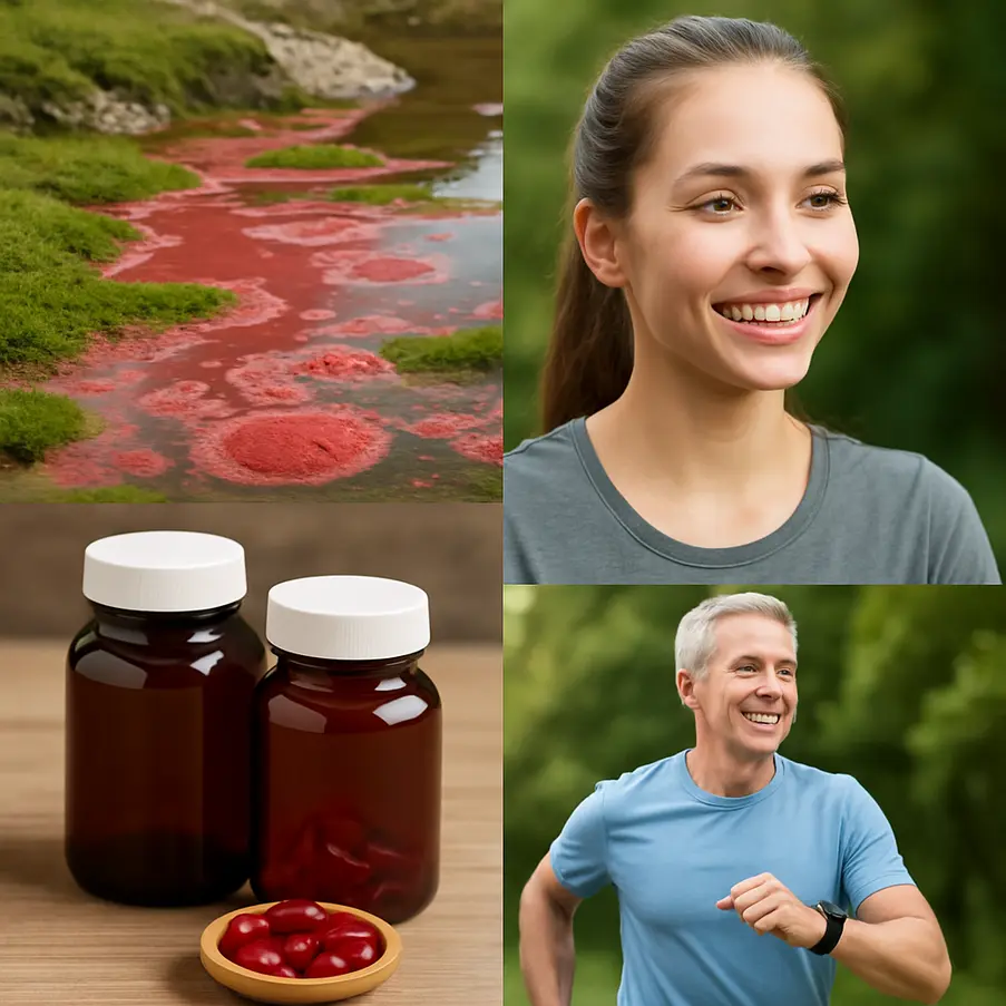 Collage showcasing Haematococcus Pluvialis's natural setting, supplements, and healthy lifestyle. Haematococcus Potent Supplement