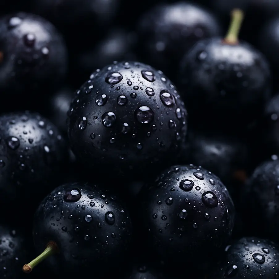 A detailed and vibrant close-up of fresh maqui berries, highlighting their rich color and dew-covered surface. Maqui Berry Anthocyanins