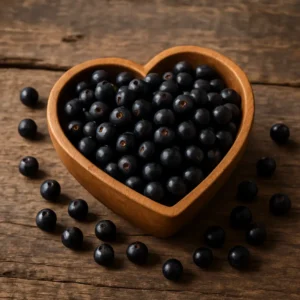 Heart-shaped bowl of maqui berries on a rustic table, enhancing heart health image. Maqui Berry Heart Health Best
