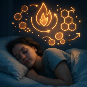 Illustration of metabolism and fat cells near a sleeping figure, representing the overnight fat melting concept.