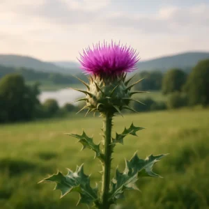 Close-up of a milk thistle plant with a tranquil scenery in the background. 10 Surprising Liver Benefits of Milk Thistle