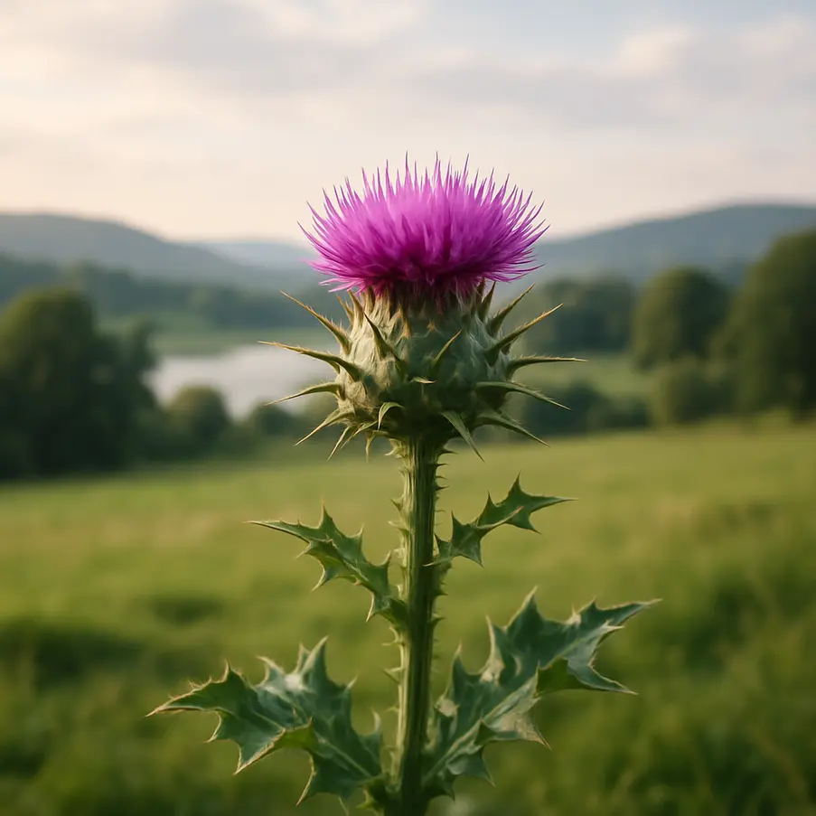 Close-up of a milk thistle plant with a tranquil scenery in the background. 10 Surprising Liver Benefits of Milk Thistle