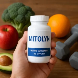 Person holding Mitolyn Best Price bottle with healthy living symbols in the background. Mitolyn Best Price Guide