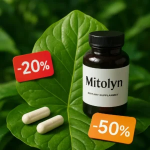 Lush green leaf with Mitolyn and discount symbols.