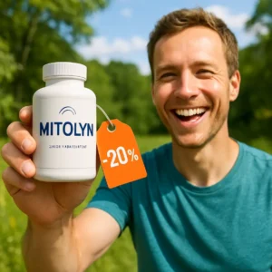 Person holding a Mitolyn bottle with discount tag, depicting health and savings.