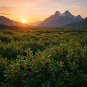 Dawn breaking over the expansive Patagonian fields, dotted with maqui berry bushes under a soft pink sky.