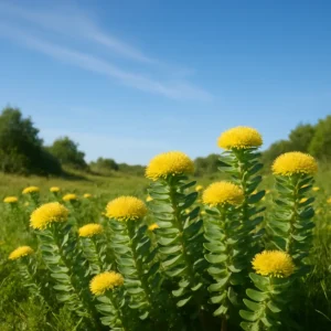 Field of Rhodiola Rosea under blue skies, illustrating natural serenity. Rhodiola Rosea Stress
