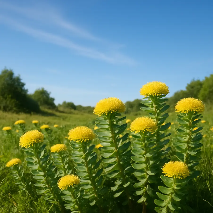 Field of Rhodiola Rosea under blue skies, illustrating natural serenity. Rhodiola Rosea Stress