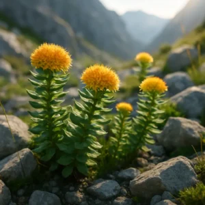 Rhodiola rosea plants in a sunlit rocky mountain setting. Rhodiola Rosea Benefits