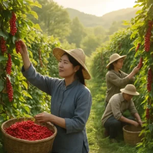 Workers harvesting Schisandra berries in a green, sunlit environment. schisandra energy boost Schisandra Energy Boost
