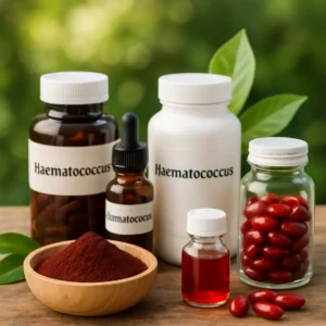 Diverse Haematococcus supplements laid out with nature elements.
